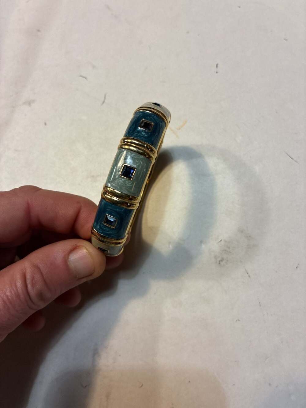 Nolan Miller Enamel Hinged Bangle Bracelet Blue Gold Tone Rhinestone